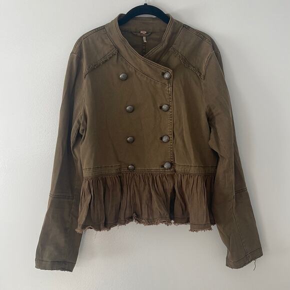 Free People Military Jacket Size Medium Ruffle Hem Olive Green - Picture 3 of 9
